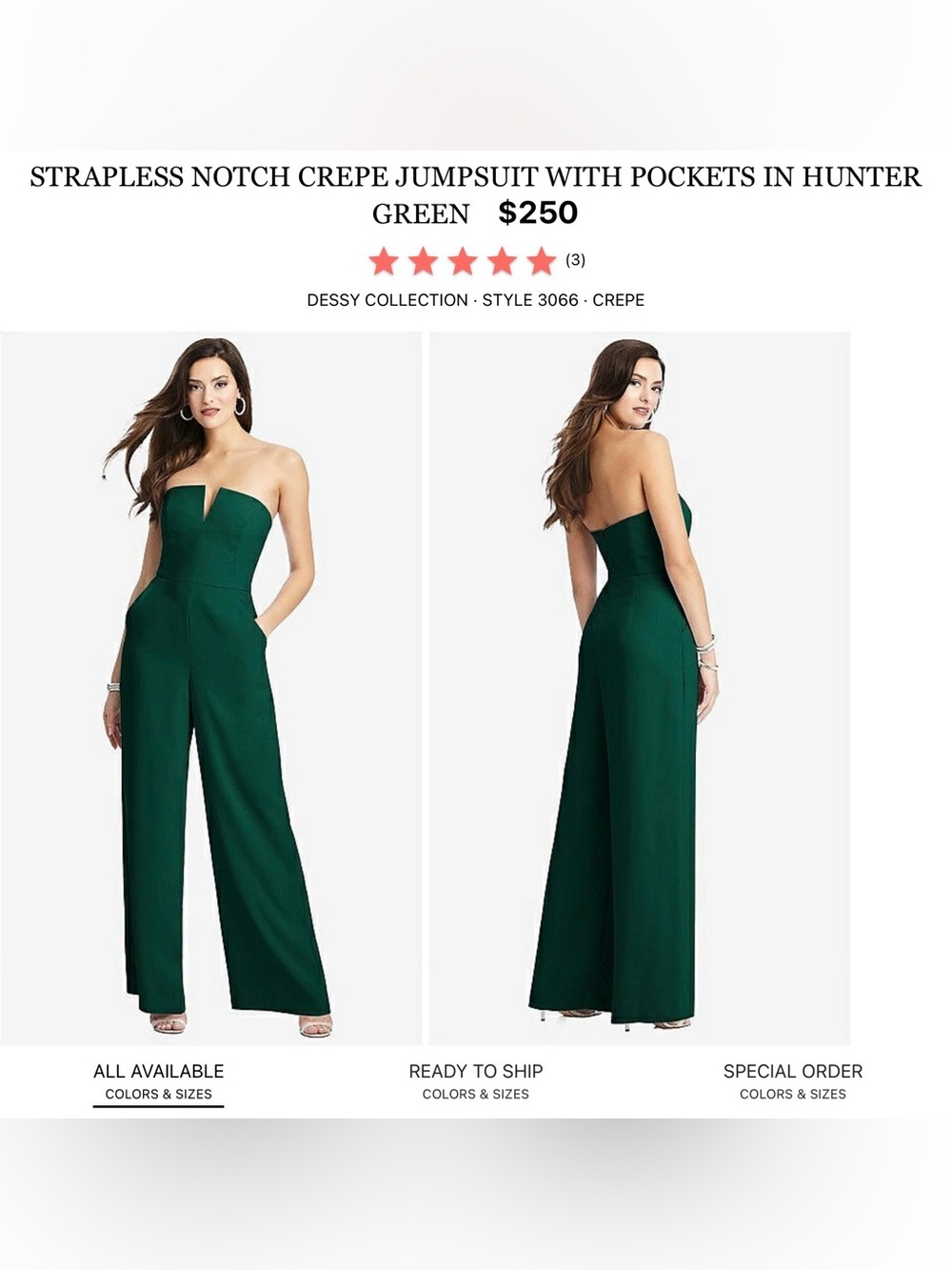 ALFRED SUNG Strapless Notch Wide-Leg Jumpsuit in Hunter Green